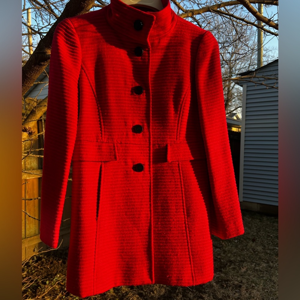 Elegant Vintage Red Tweedy Overcoat Blazer Jacket Funnel Mock Neck 4/6 S/M